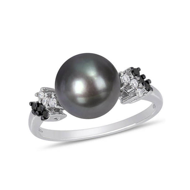 Round Tahitian Gray Pearl Diamond Halo Ring 14K White Gold Plated Women Jewelry